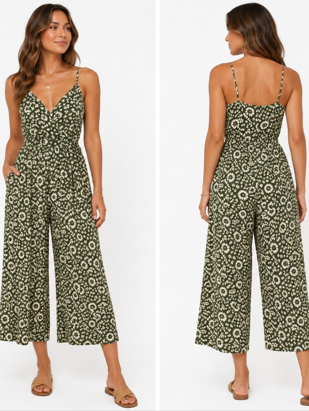 Kaileigh Olive & Cream Floral Crop Jumpsuit